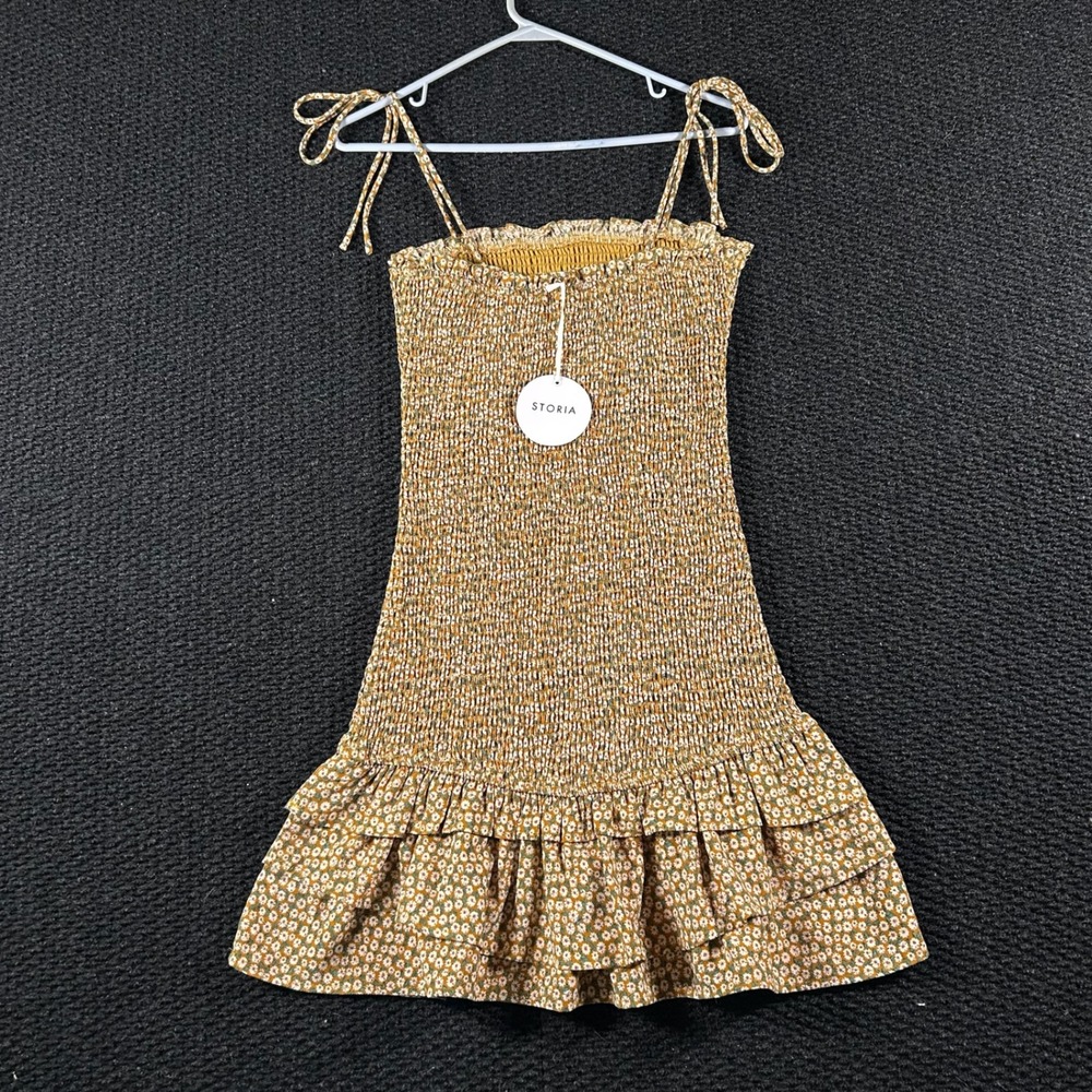 STORIA Smocked Floral Mini‎ Dress Ruffle Tiered Tie Straps Mustard Yellow Small